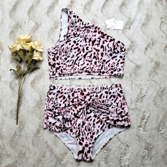 Grace Karin Other - Grace Karin Pink Cheetah Leopard High Rise One Shoulder Bikini Swimsuit NWT Sz M